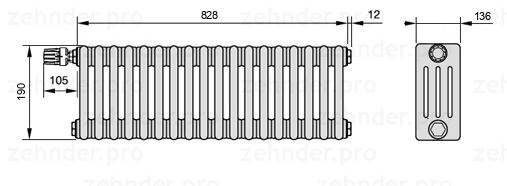 Схема (чертеж) Радиатор Zehnder Charleston 4019/18 №V012 Белый глянцевый RAL 9016
